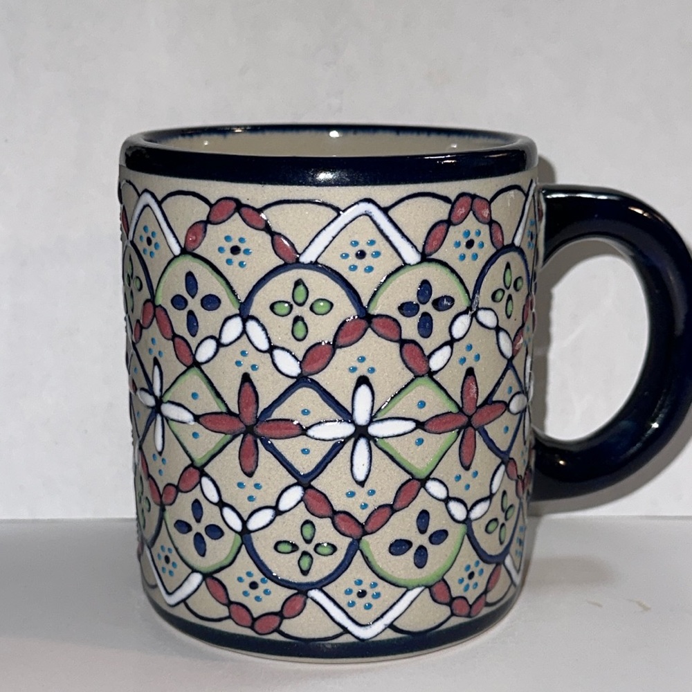 JAVIER SERVIN Mexico Embossed Enamel Ceramic Mug Cup 3.75" Tall